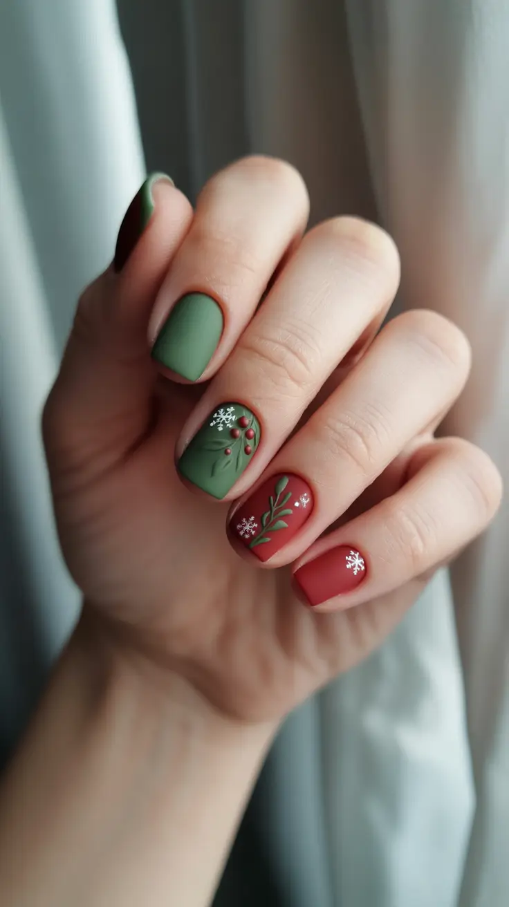 simple christmas nails ideas 2025 matte green and terracotta holiday mix