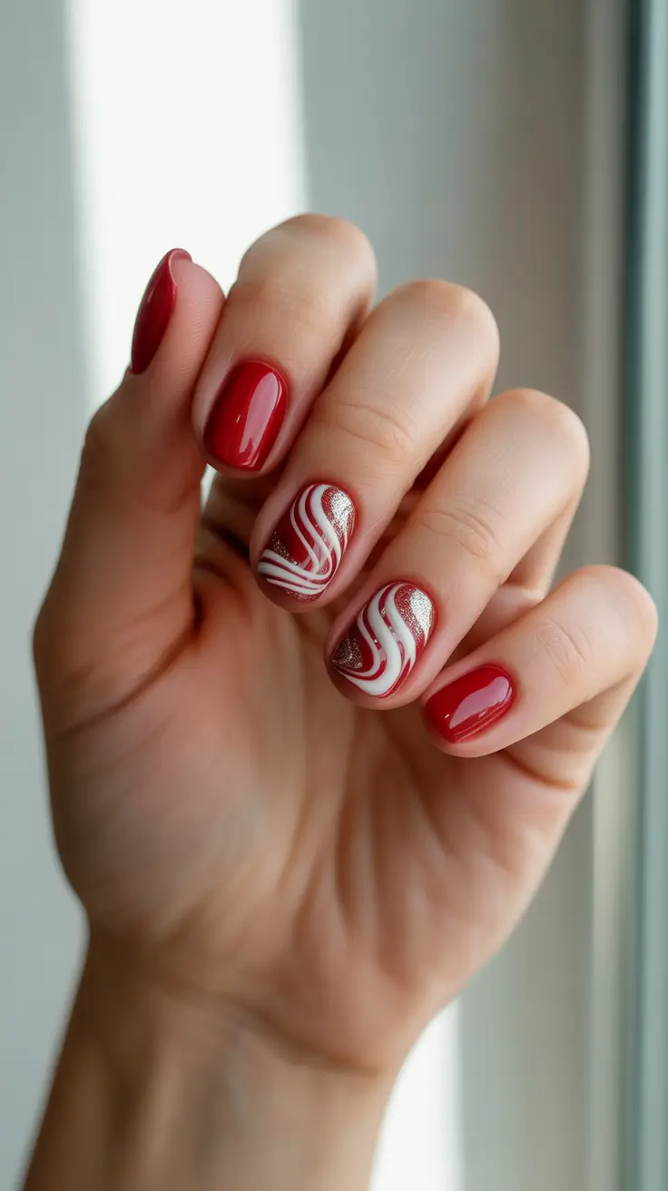 simple christmas nails ideas 2025 swirled peppermint red and white