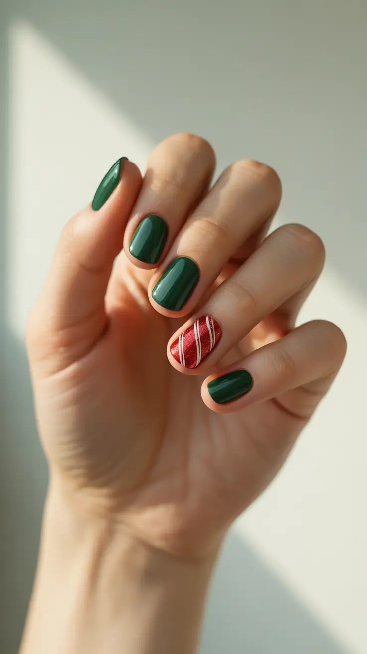 simple christmas nails ideas 2025 green with candy cane accent nail