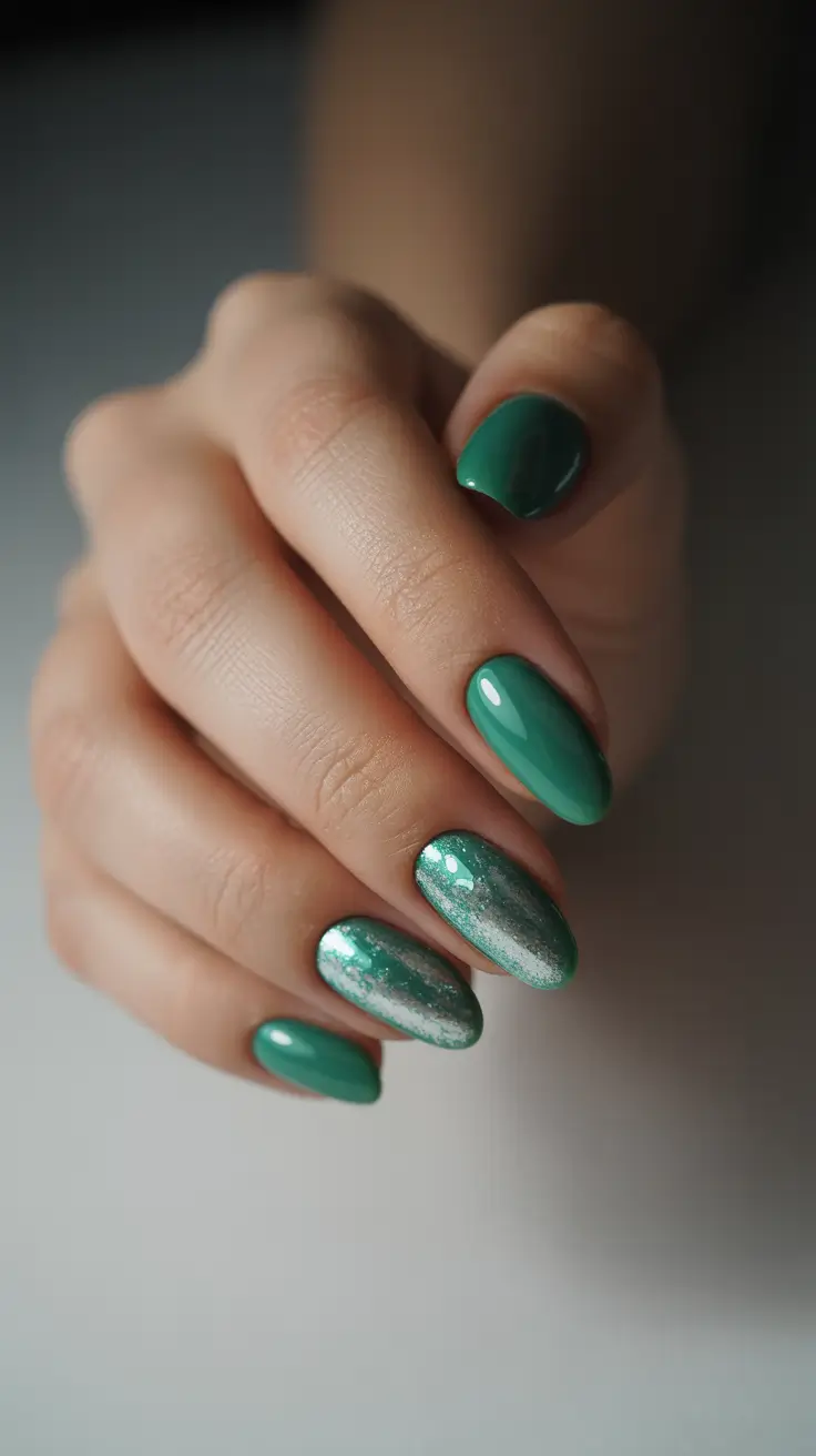 simple christmas nails ideas 2025 evergreen glow with metallic frost