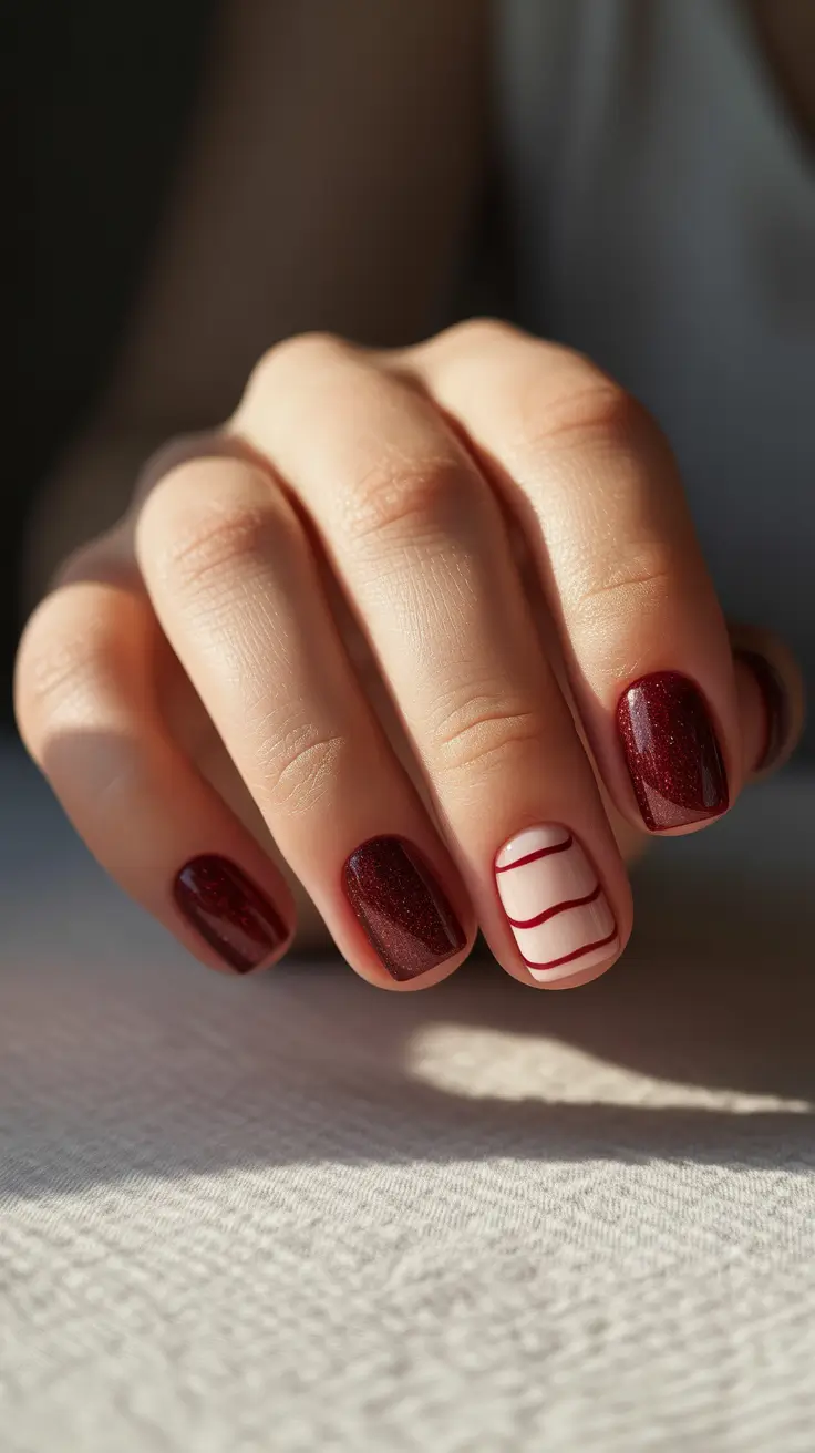 simple christmas nails ideas 2025 wine red with subtle stripe detail