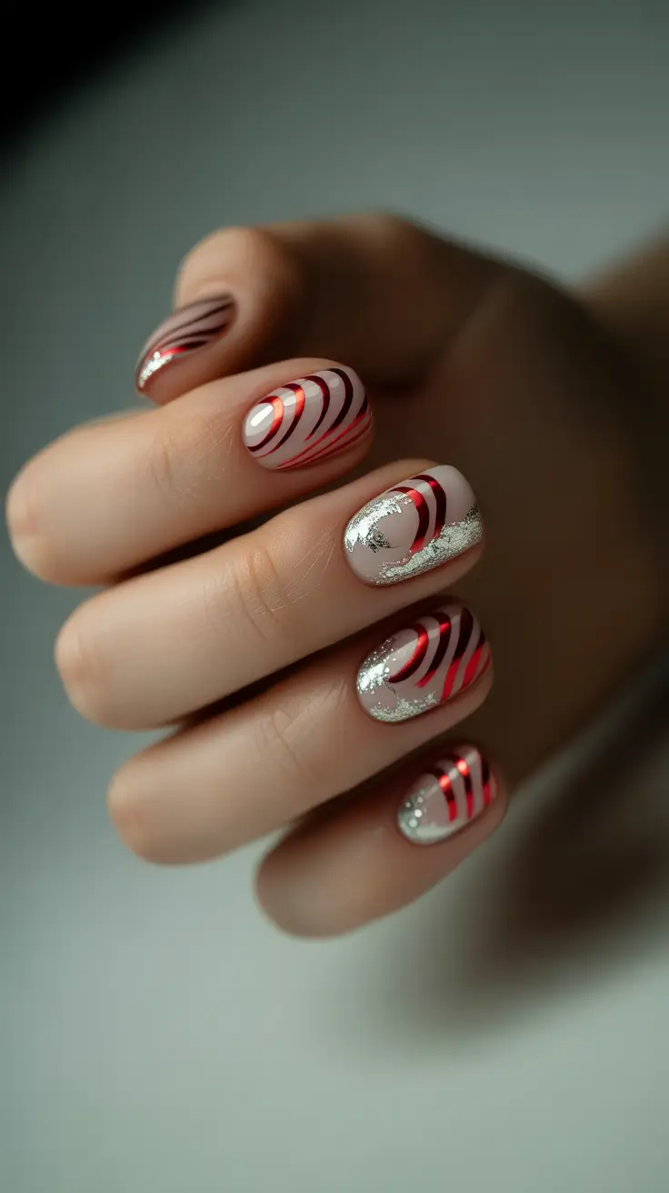 simple christmas nails ideas 2025 red candy swirl with a touch of silver