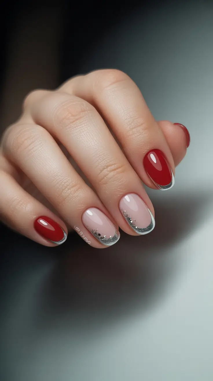 simple christmas nails ideas 2025 classic red with frosted french twist
