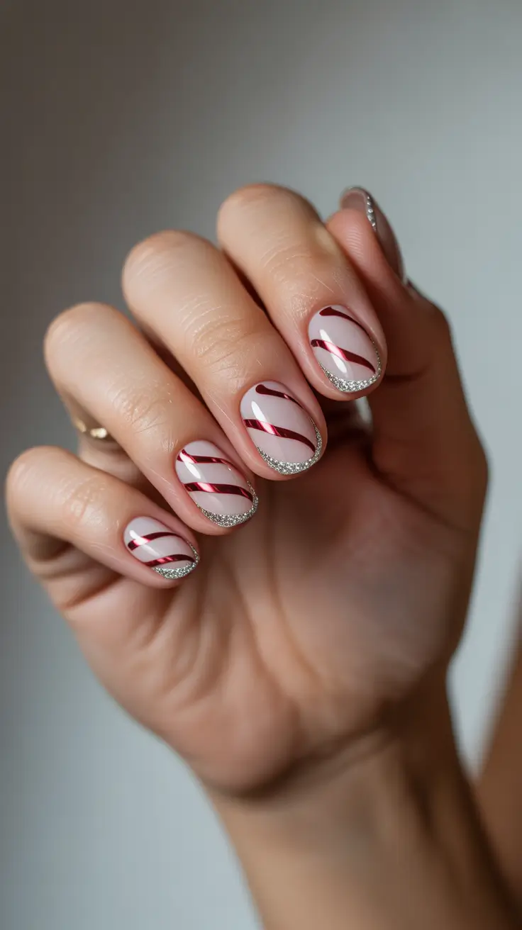 simple christmas nails ideas 2025 peppermint stripes and glittered edges
