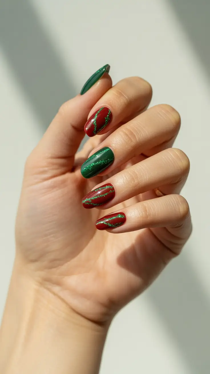 simple christmas nails ideas 2025 festive green and red with sparkling stripes