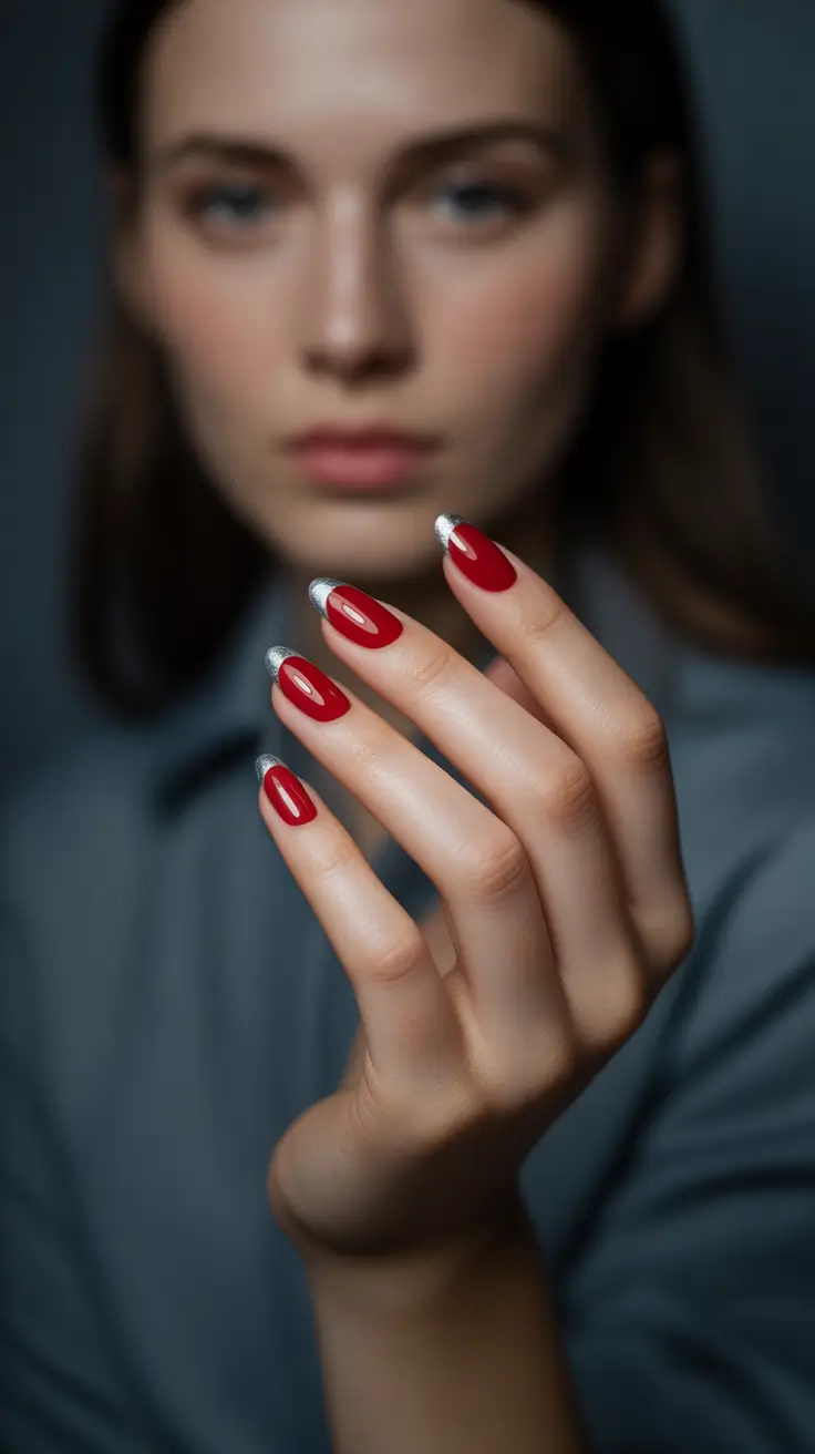 simple christmas nails ideas 2025 silver tipped scarlet elegance