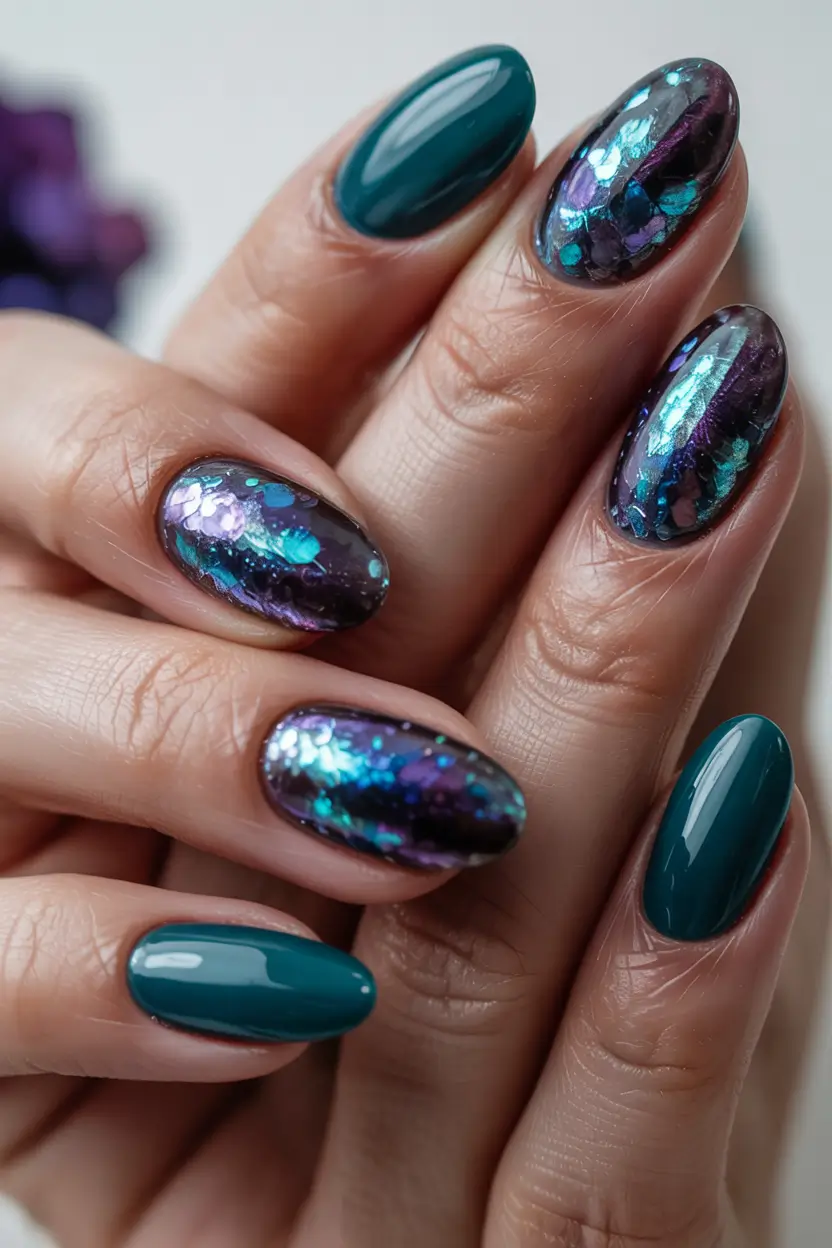 simple winter nails 2025-2026 deep green meets shimmering midnight