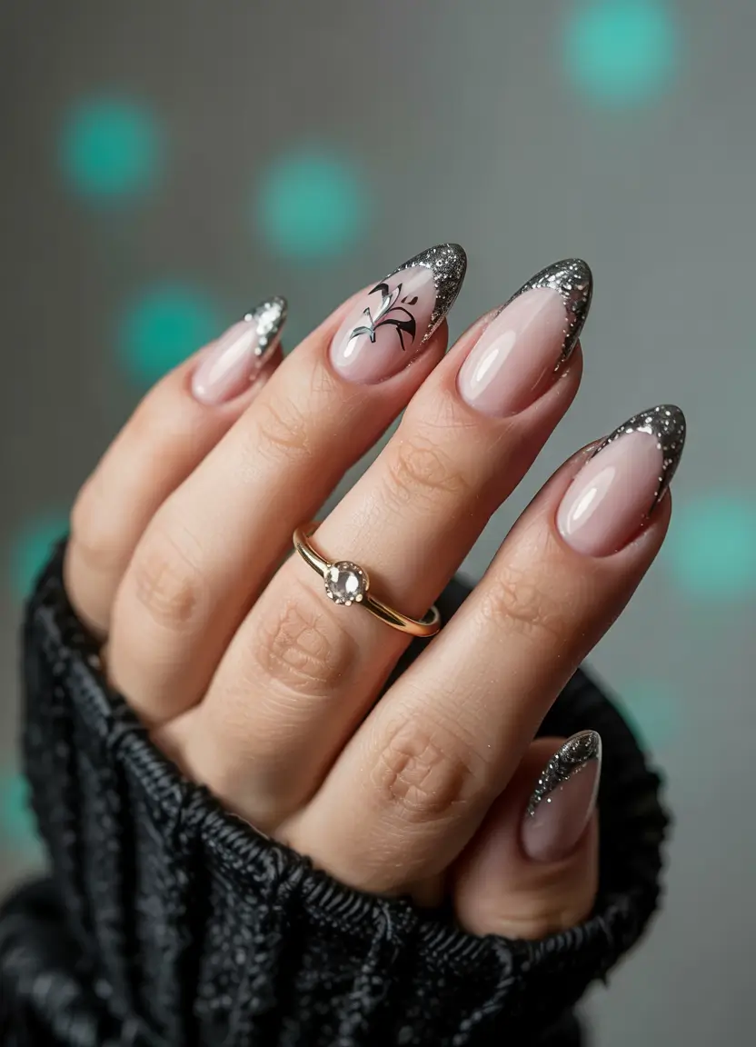 simple winter nails 2025-2026 silver stardust tips