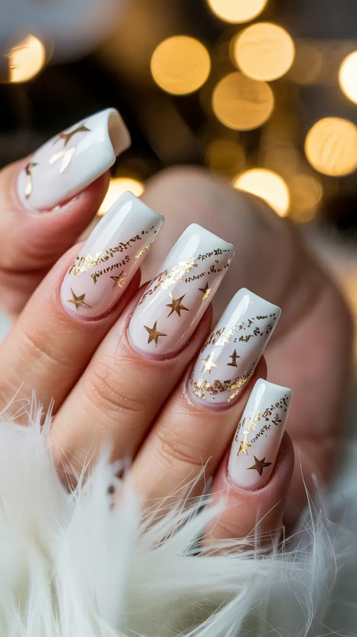 simple winter nails golden stars and white frost magic