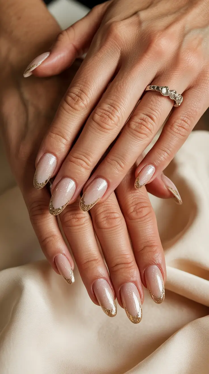 simple winter nails soft shimmer and gold french elegance