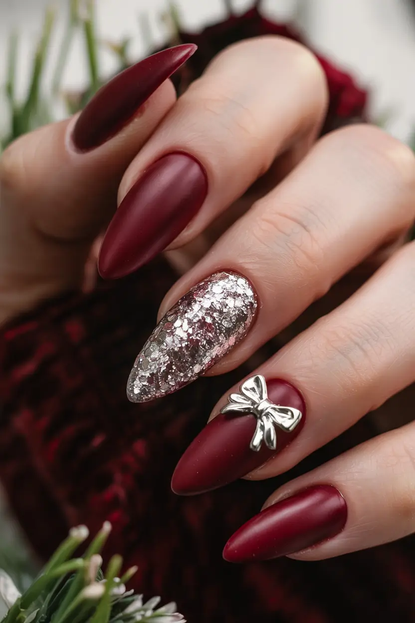 simple winter nails deep matte red with silver statement details