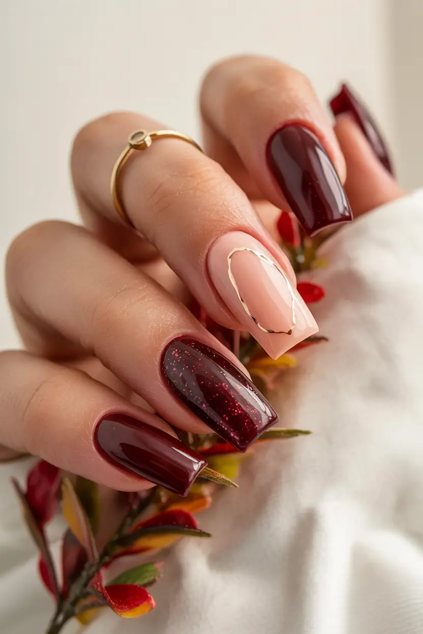 simple winter nails 2025-2026 modern burgundy and gold