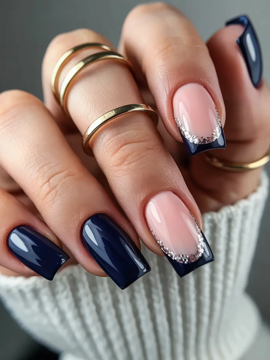 simple winter nails 2025-2026 midnight french with a sparkle twist