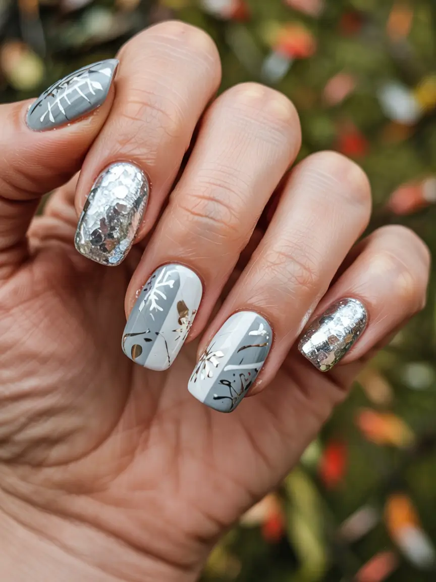 simple winter nails 2025-2026 silver frost and botanical details