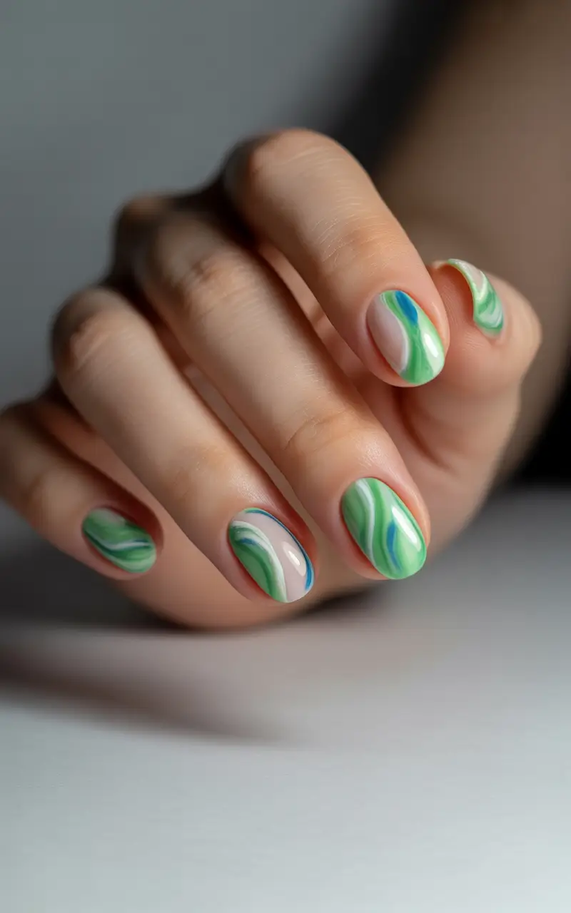 winter-nails-ideas-frosted-green-marble-waves
