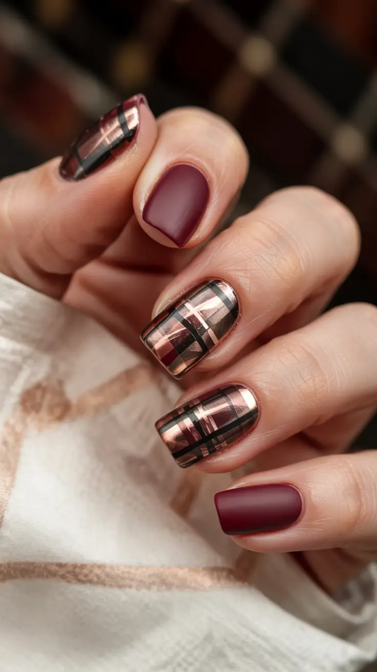 best-winter-nail-colors-2025-2026-modern-tartan-with-metallic-twist