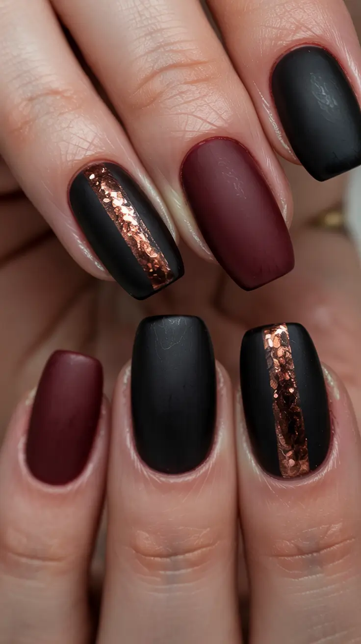 dark-winter-nail-colors-matte-black-wine-copper-stripes