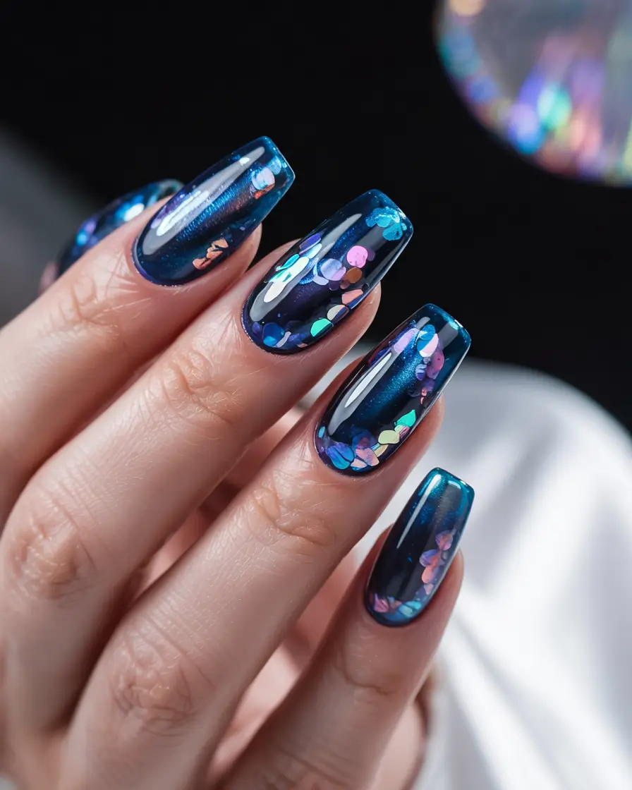 Dark Winter Nail Colors Holographic Confetti Over Deep Blue