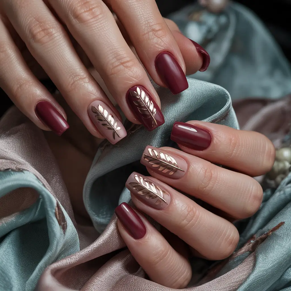 Burgundy Nail Colors for Winter Velvet Burgundy With Rose Gold Accents