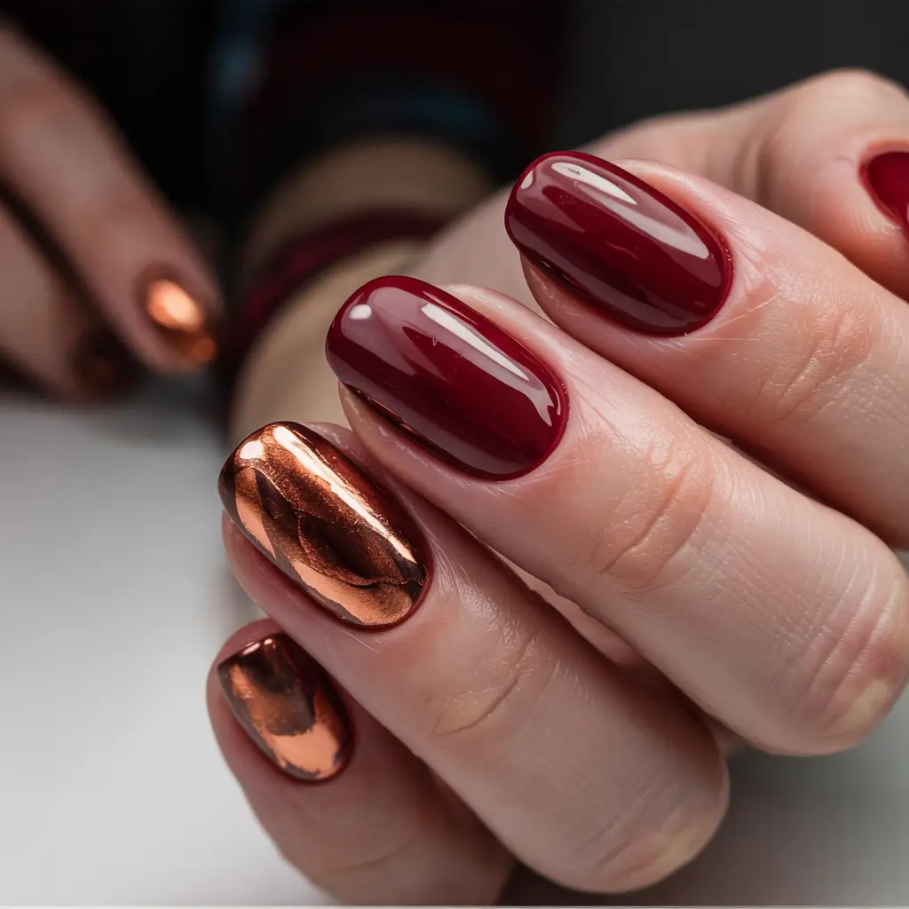 Burgundy Nail Colors for Winter Glossy Burgundy With Molten Copper Accents