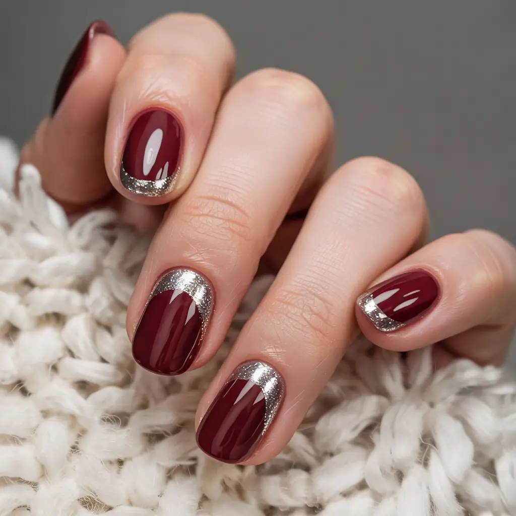 Burgundy Nail Colors for Winter Reverse Silver French on Burgundy