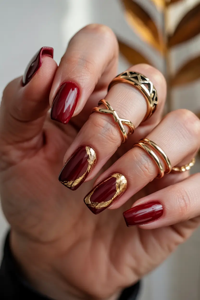 Trendy Winter Burgundy Nails Colors 2025-2026 Modern Glam with Metallic Frames