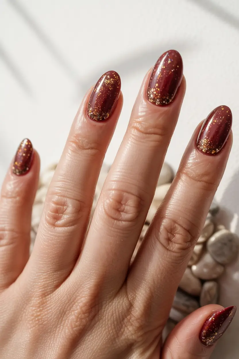 Trendy Winter Burgundy Nails Colors 2025-2026 Glittery Burgundy Twilight
