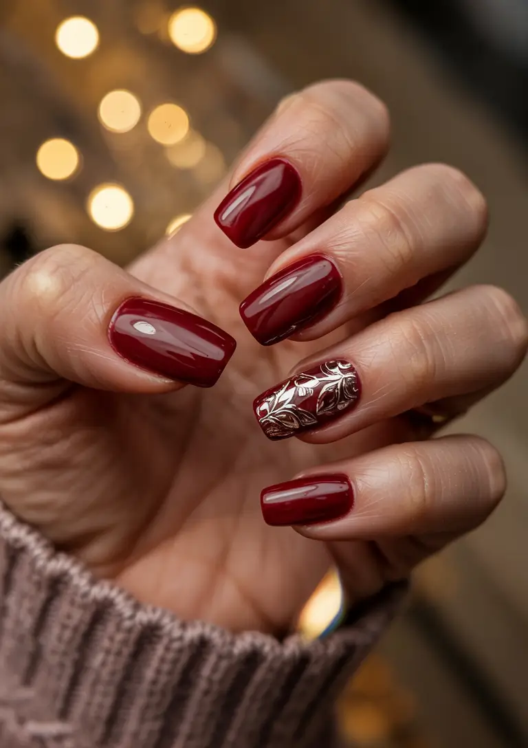 Trendy Winter Burgundy Nails Colors 2025-2026 Refined Florals with a Glossy Finish