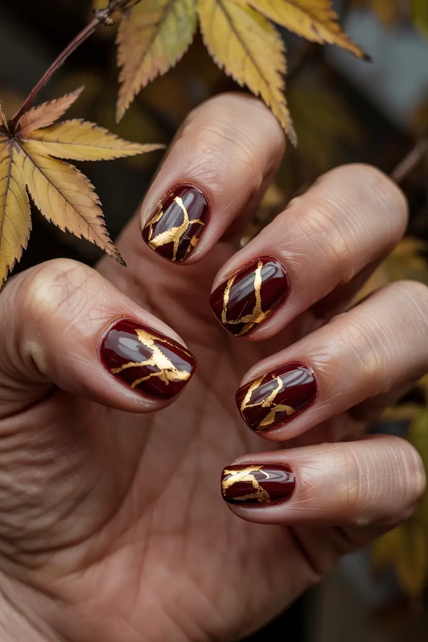 Burgundy Nail Colors for Winter Golden Veins on Rich Burgundy