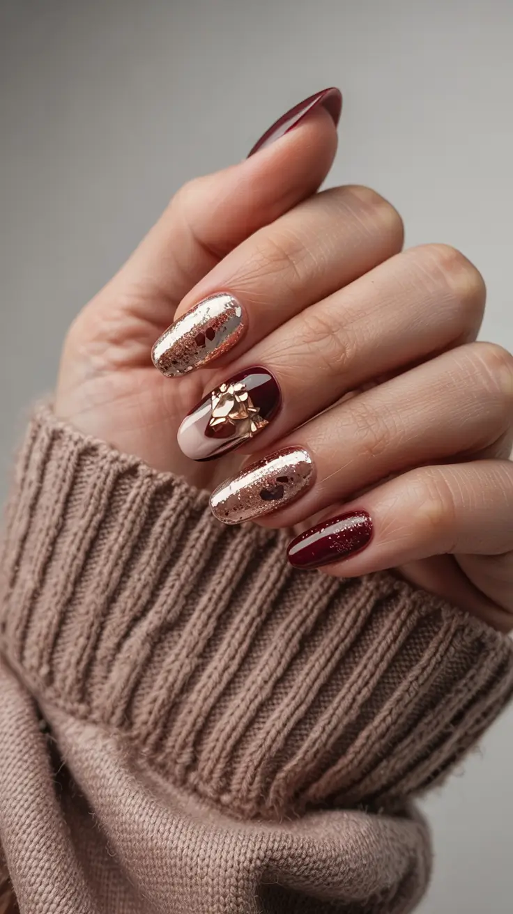 Burgundy Nail Colors for Winter Festive Burgundy With Rose Gold Glam