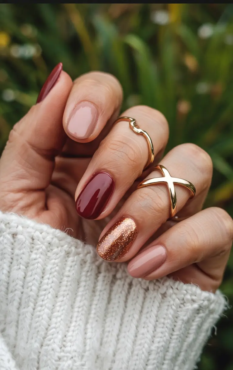 trendy winter dip nails 2025-2026 Warm Wine and Copper Shimmer
