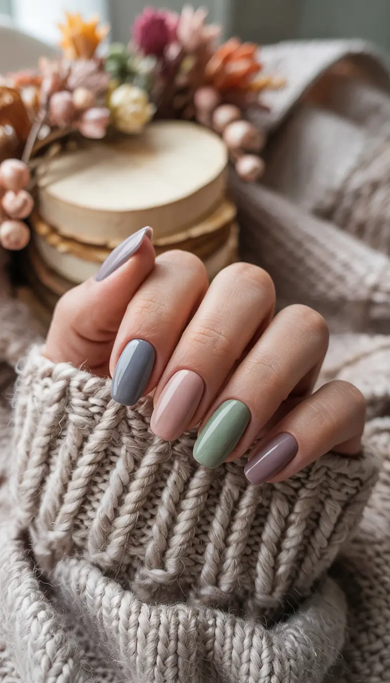 trendy winter dip nails 2025-2026 Muted Multi-Color Cozy Mix