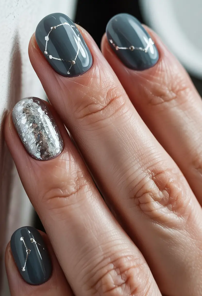 trendy winter dip nails 2025-2026 Celestial Charcoal and Silver