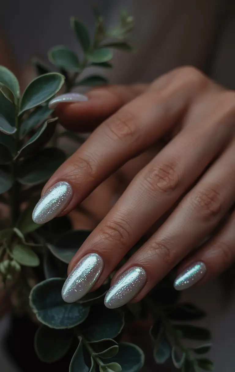 winter nails frosted pearl almond glow