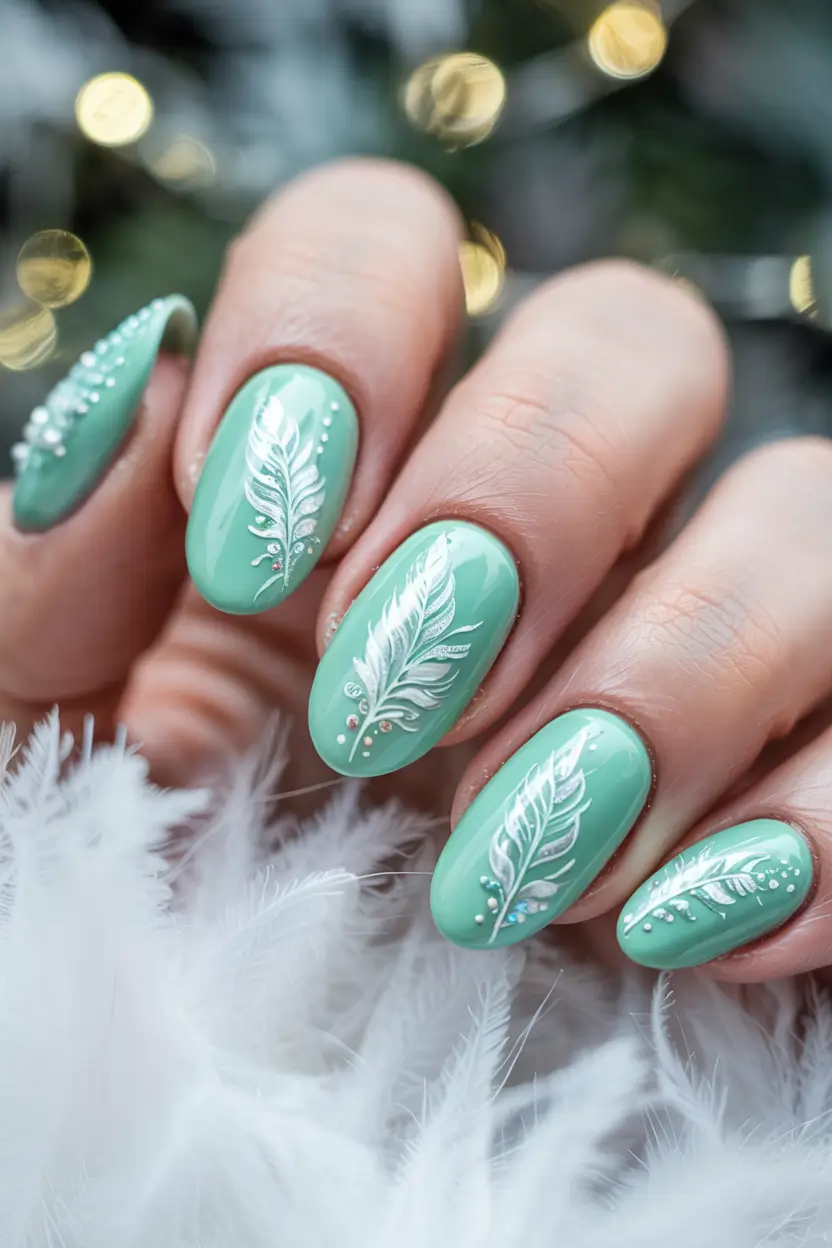 winter nails mint whispers with delicate feathers