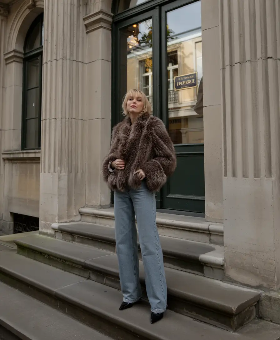 winter going out outfit ideas Effortless Fur and Denim Classic