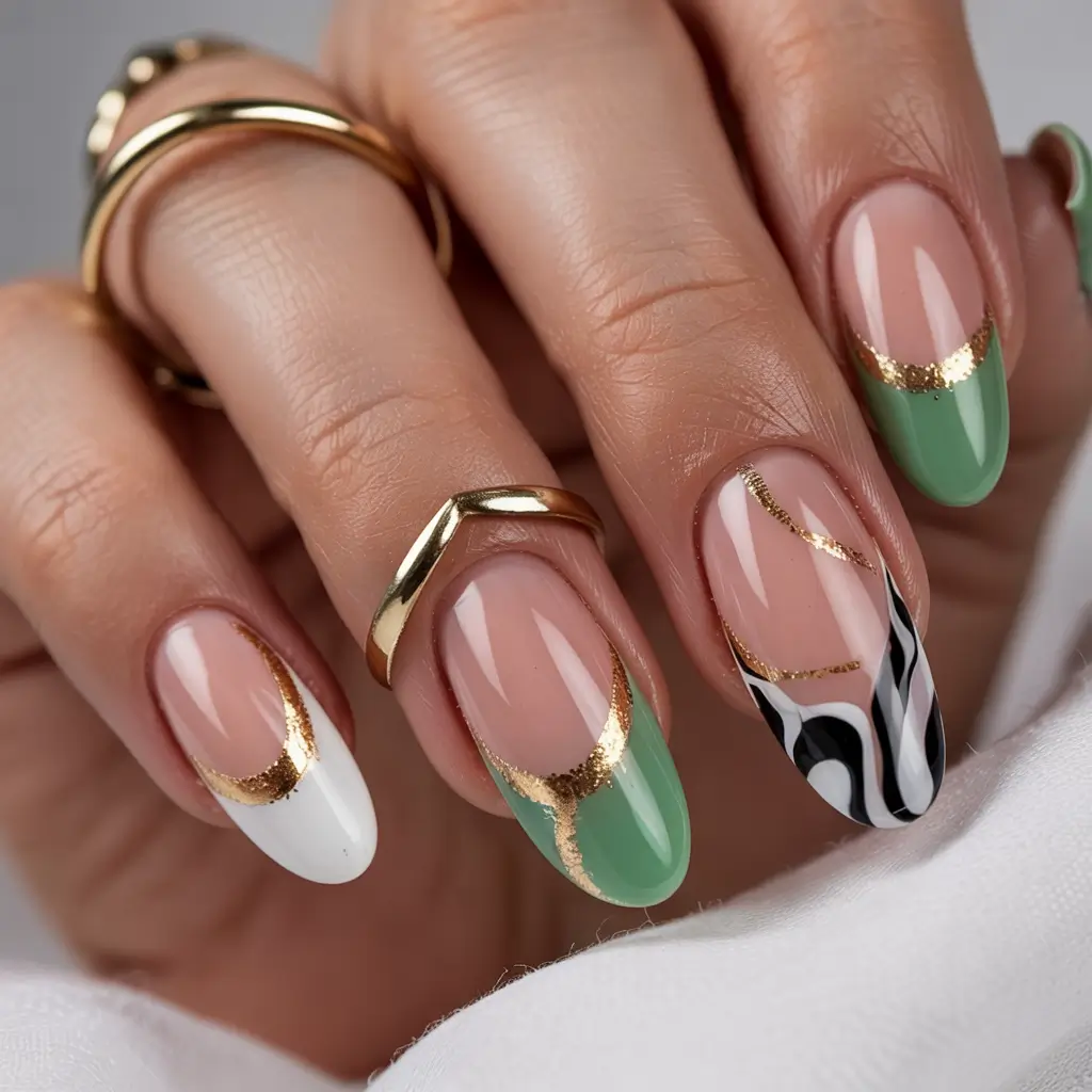 winter acrylic nails elegant green french with gold accents