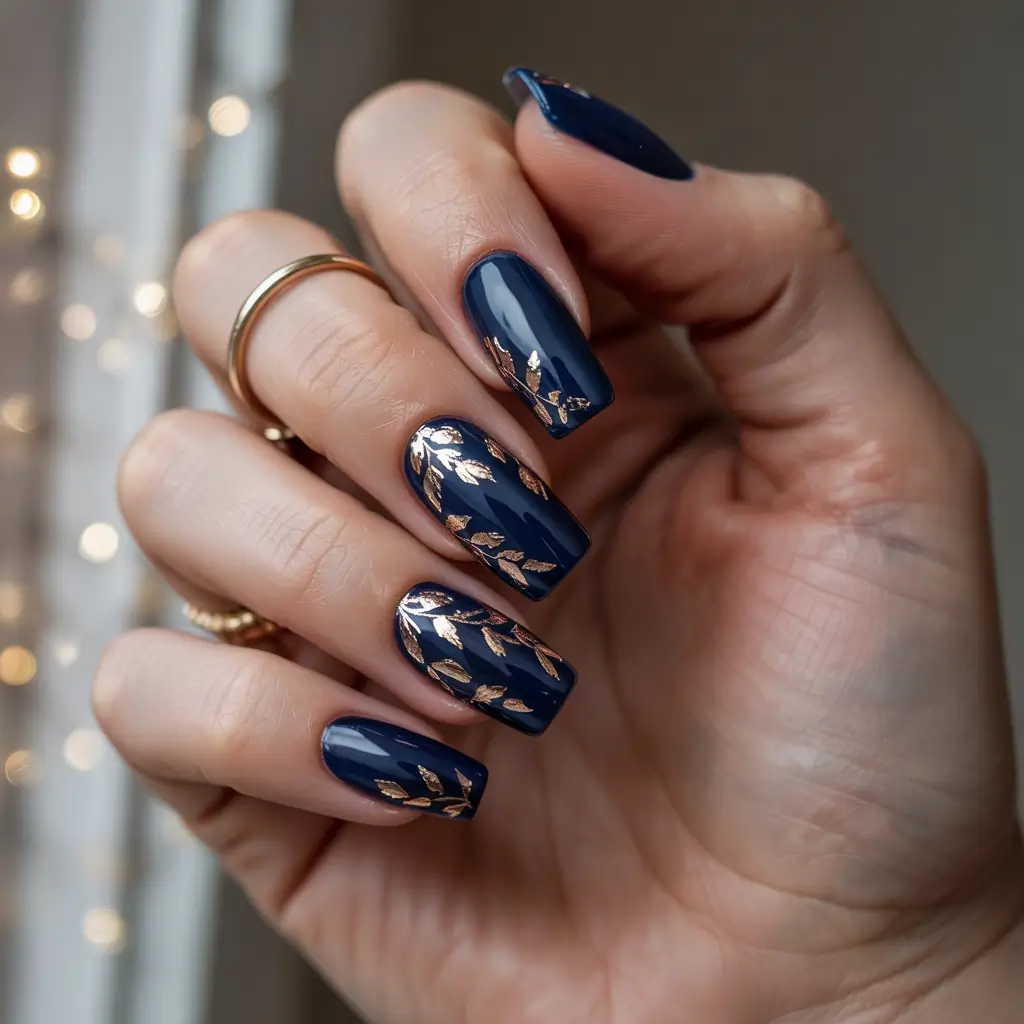 winter acrylic nails midnight blue with golden leaf accents