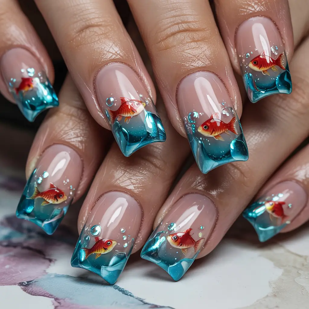 winter acrylic nails playful aqua aquarium tips