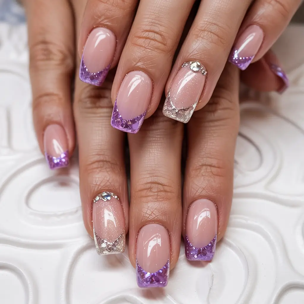 winter acrylic nails lavender sparkle french