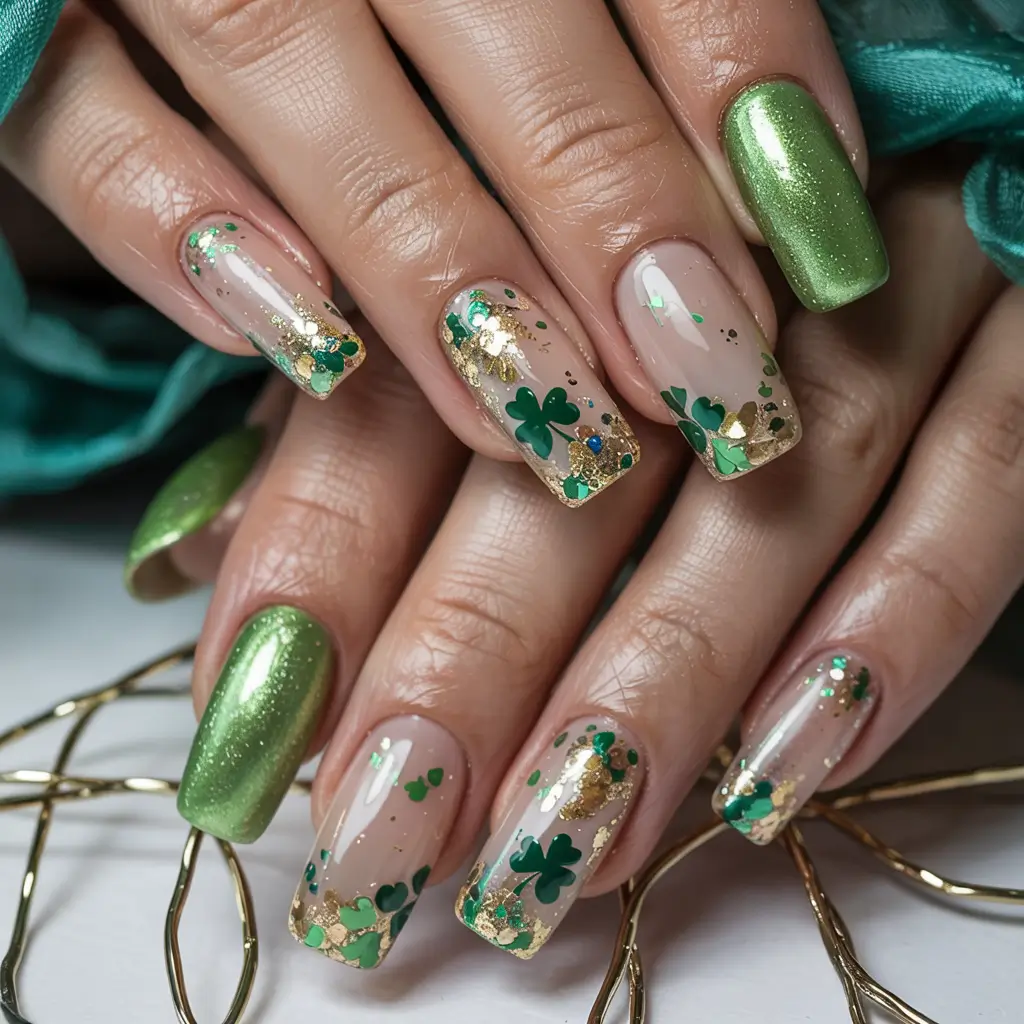 winter acrylic nails green and gold charm mix