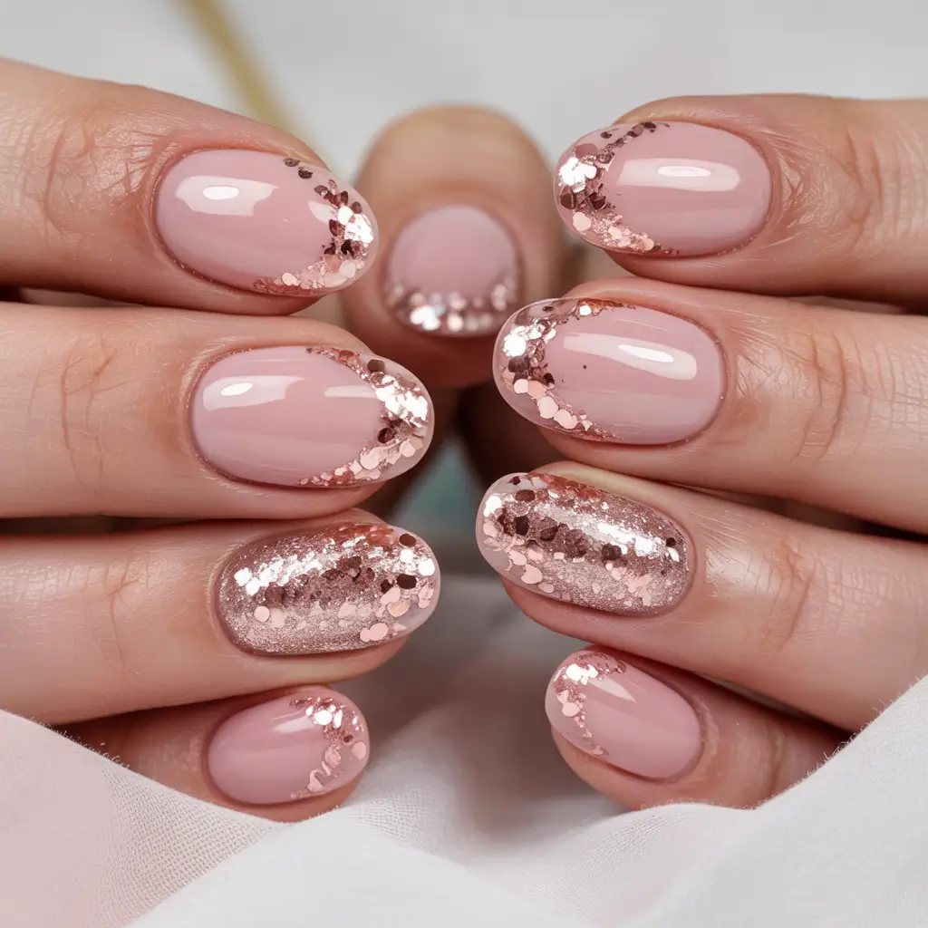 winter acrylic nails 2025-2026 Rose Gold Glitter Gradients