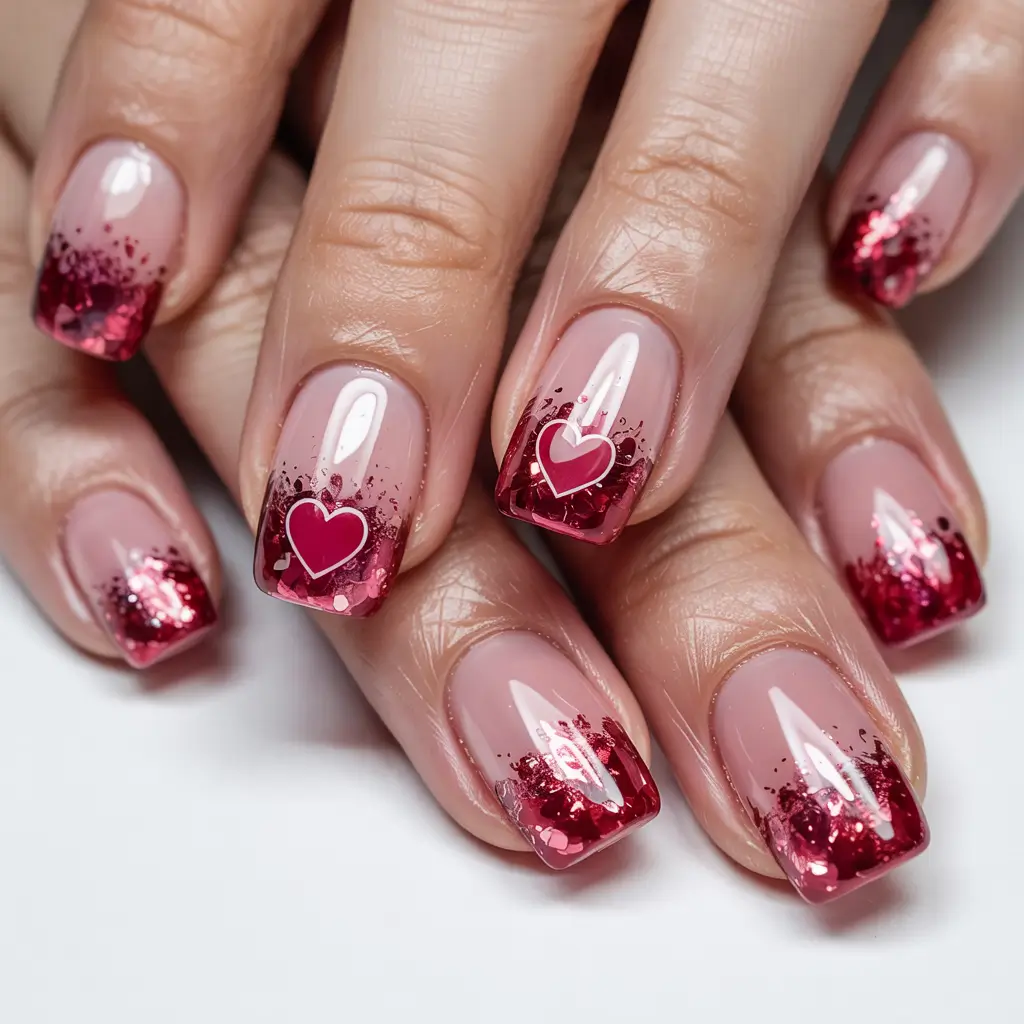 winter acrylic nails 2025-2026 Red Glitter with Heart Accents