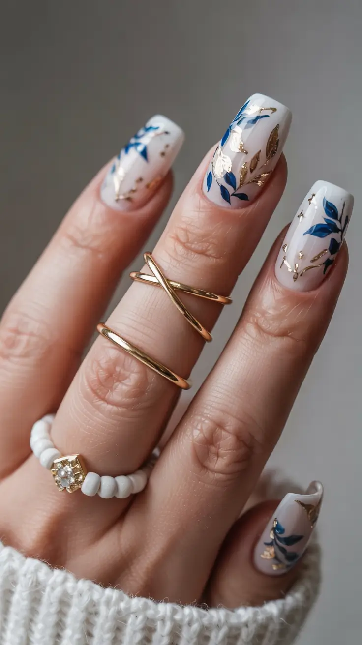 winter acrylic nails blue and gold botanical chic