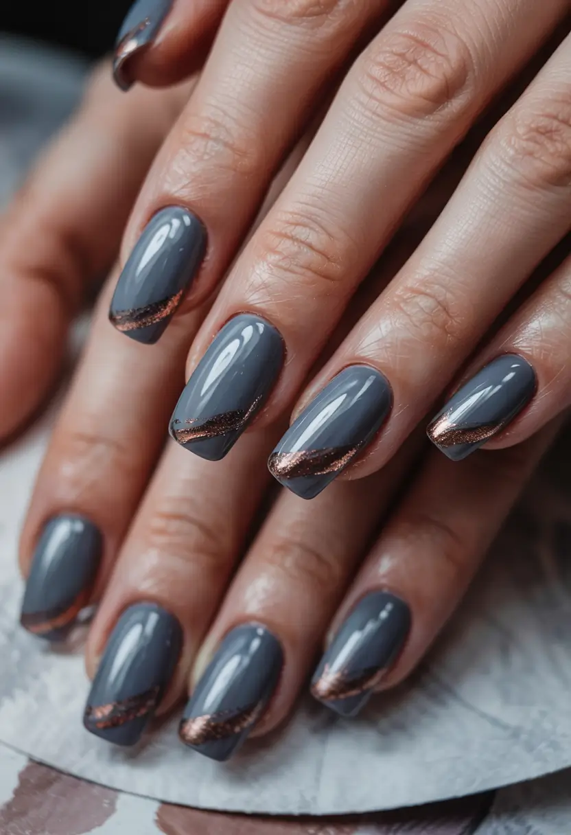 winter acrylic nails 2025-2026 Moody Charcoal with Copper Swirls