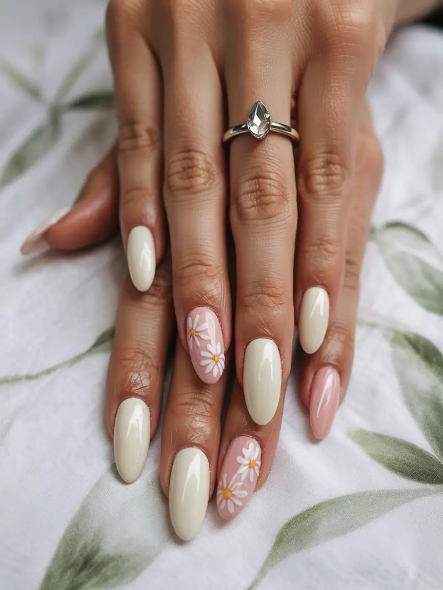 winter acrylic nails soft pink daisies with a winter twist