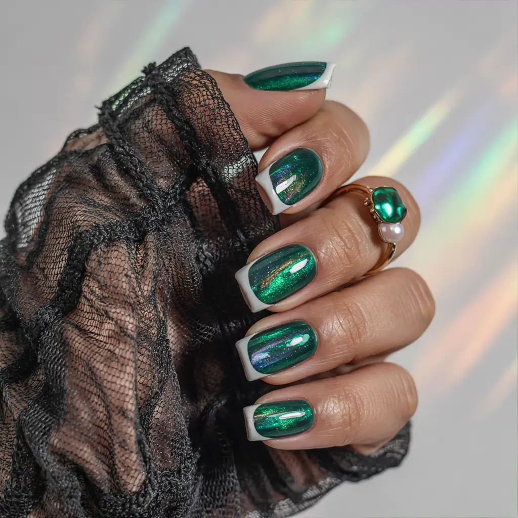 winter acrylic nails emerald french tips with holographic shine