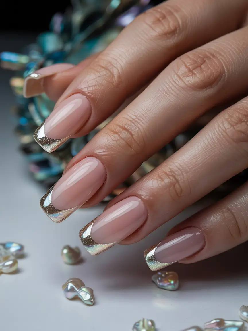 winter acrylic nails classic nude french with a pearl glow