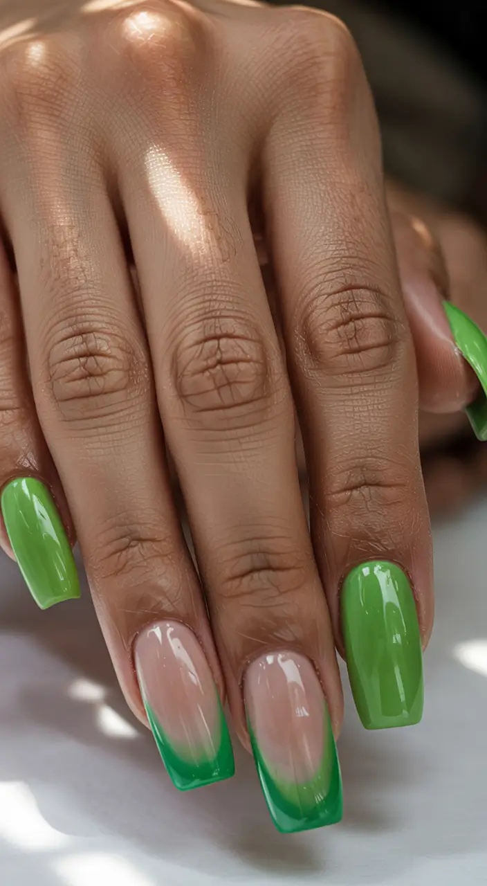 winter acrylic nails vibrant green french fade