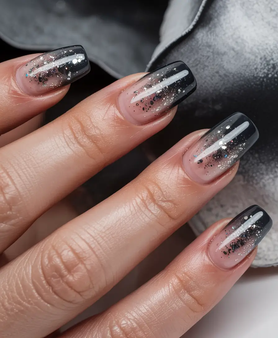 winter acrylic nails frosted black sparkle ombre